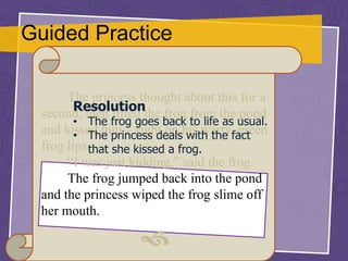 Guided Practice
The princess thought about this for a
second, then lifted the frog from the pond
and kissed him – right on his warty, green
frog lips.
“I was just kidding,” said the frog.
The frog jumped back into the pond
and the princess wiped the frog slime off
her mouth.

Resolution
• The frog goes back to life as usual.
• The princess deals with the fact
that she kissed a frog.
 