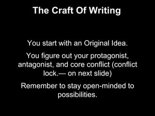 The Craft Of Writing
You start with an Original Idea.
You figure out your protagonist,
antagonist, and core conflict (conf...