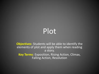 Plot
Objectives: Students will be able to identify the
elements of plot and apply them when reading
a story.
Key Terms: Exposition, Rising Action, Climax,
Falling Action, Resolution
 