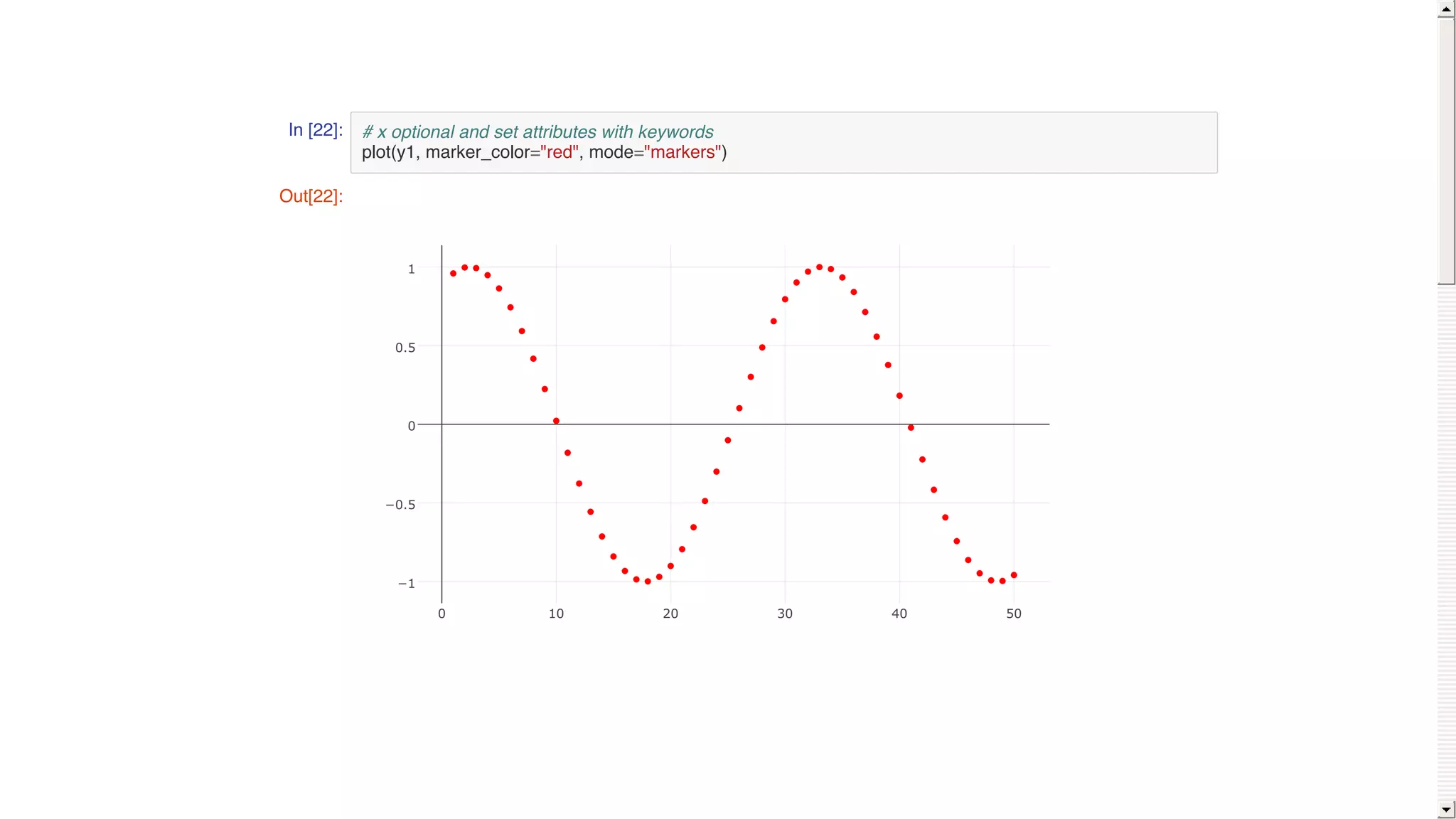 In [22]: # x optional and set attributes with keywords
plot(y1, marker_color="red", mode="markers")
Out[22]:
0 10 20 30 40 50
−1
−0.5
0
0.5
1
 