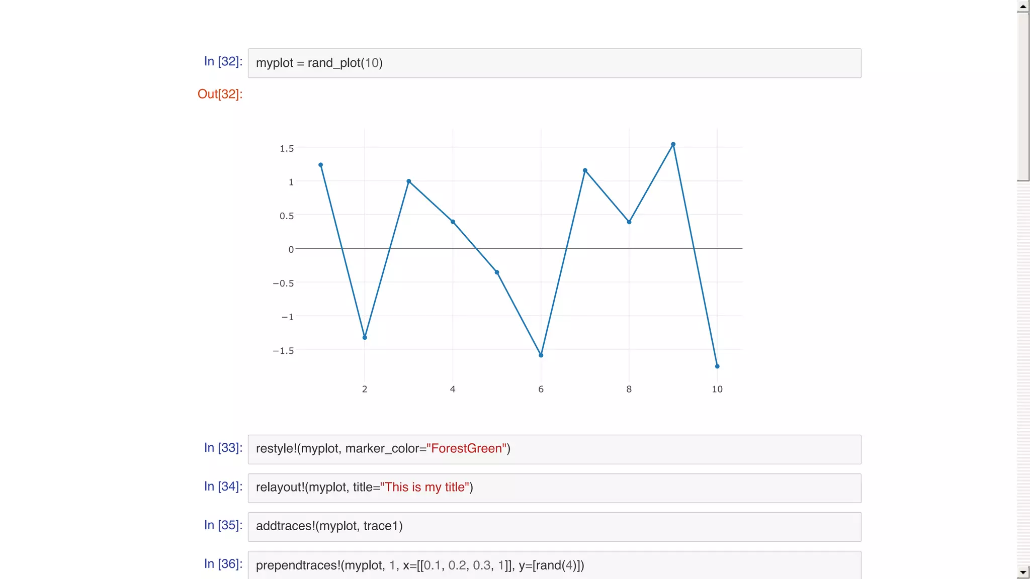 In [32]:
In [33]:
In [34]:
In [35]:
In [36]:
myplot = rand_plot(10)
restyle!(myplot, marker_color="ForestGreen")
relayout!(myplot, title="This is my title")
addtraces!(myplot, trace1)
prependtraces!(myplot, 1, x=[[0.1, 0.2, 0.3, 1]], y=[rand(4)])
Out[32]:
2 4 6 8 10
−1.5
−1
−0.5
0
0.5
1
1.5
 