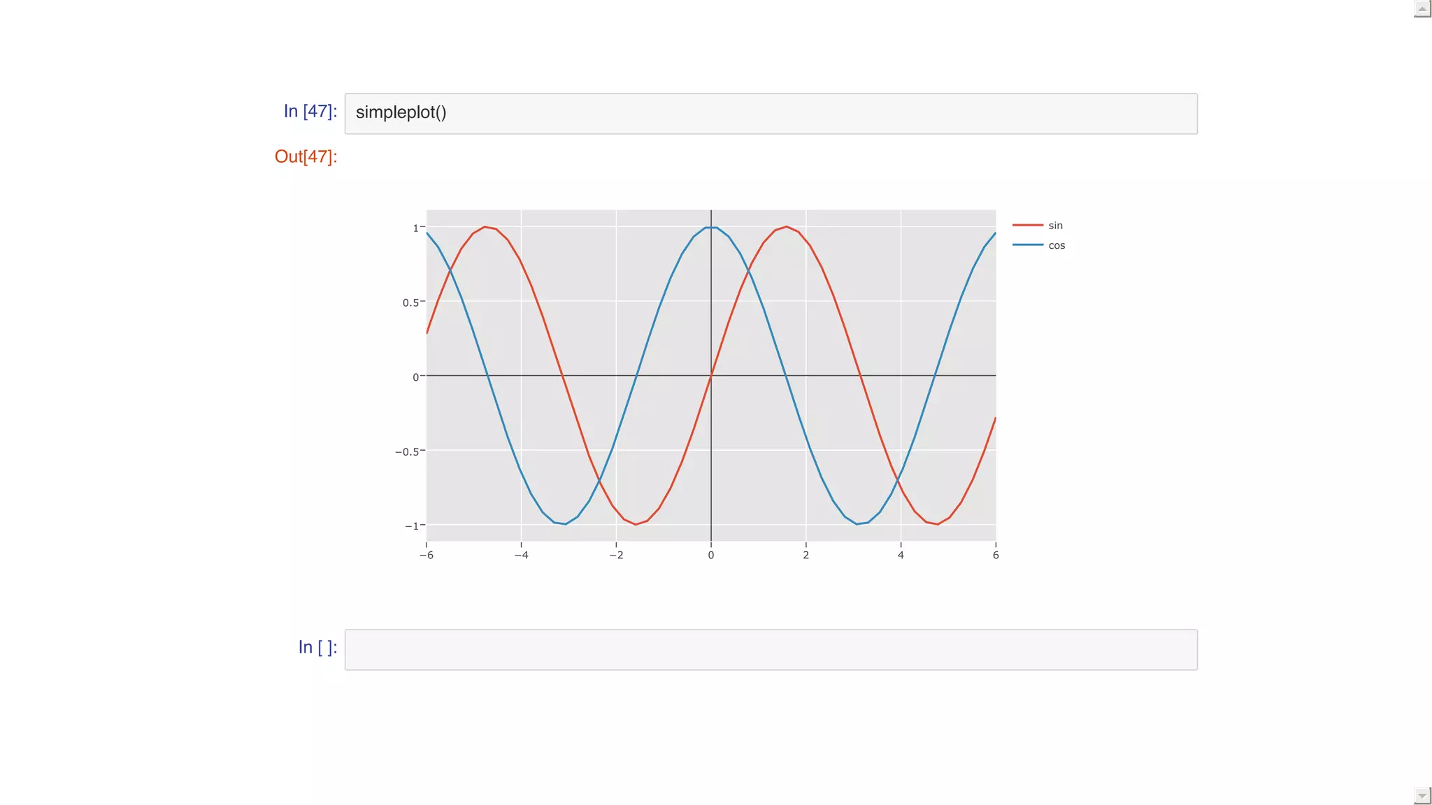 In [47]:
In [ ]:
simpleplot()
Out[47]:
−6 −4 −2 0 2 4 6
−1
−0.5
0
0.5
1 sin
cos
 
