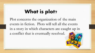 What is plot?
Plot concerns the organization of the main
events in fiction. Plots will tell all the events
in a story in which characters are caught up in
a conflict that is eventually resolved.
 