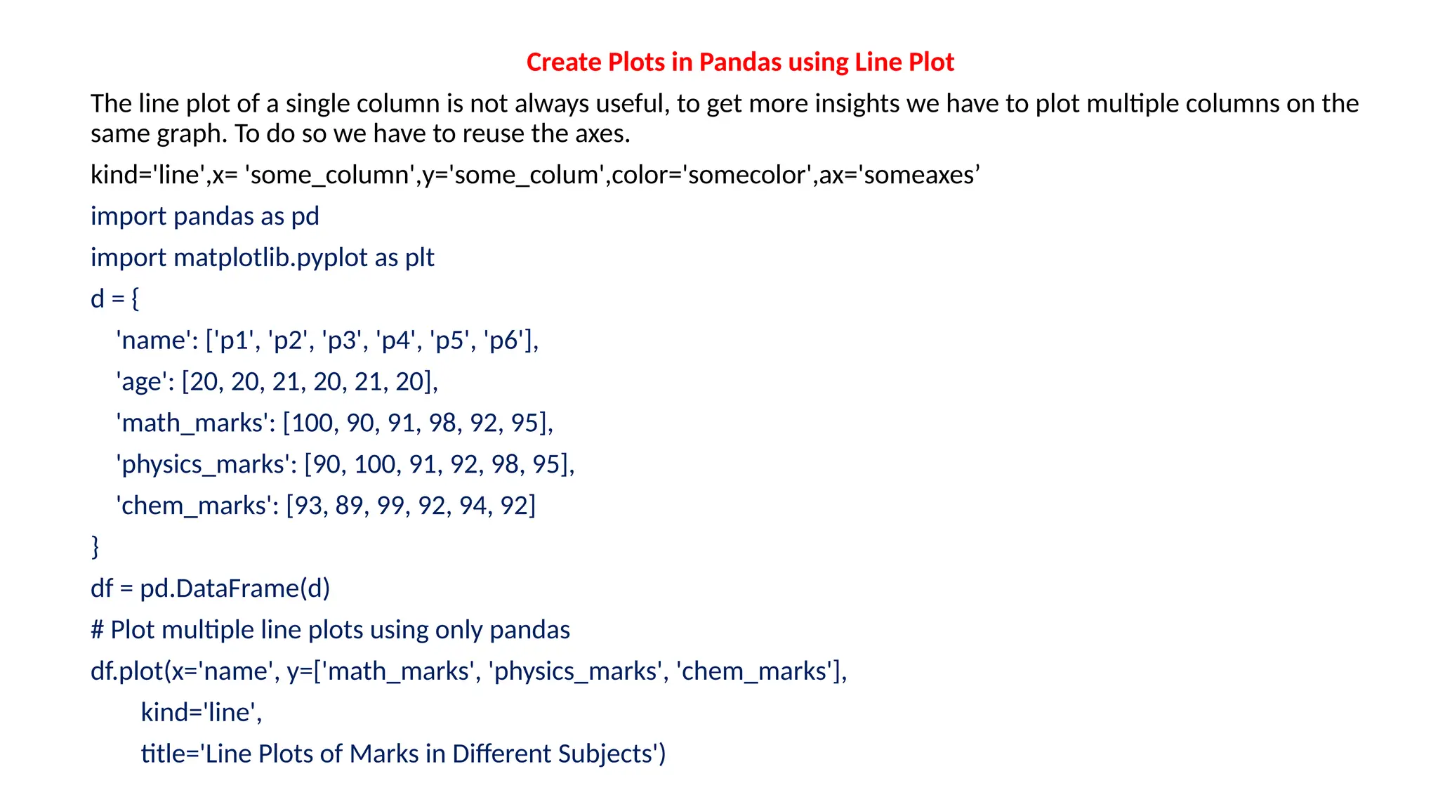 Create Plots in Pandas using Line Plot
The line plot of a single column is not always useful, to get more insights we have to plot multiple columns on the
same graph. To do so we have to reuse the axes.
kind='line',x= 'some_column',y='some_colum',color='somecolor',ax='someaxes’
import pandas as pd
import matplotlib.pyplot as plt
d = {
'name': ['p1', 'p2', 'p3', 'p4', 'p5', 'p6'],
'age': [20, 20, 21, 20, 21, 20],
'math_marks': [100, 90, 91, 98, 92, 95],
'physics_marks': [90, 100, 91, 92, 98, 95],
'chem_marks': [93, 89, 99, 92, 94, 92]
}
df = pd.DataFrame(d)
# Plot multiple line plots using only pandas
df.plot(x='name', y=['math_marks', 'physics_marks', 'chem_marks'],
kind='line',
title='Line Plots of Marks in Different Subjects')
 