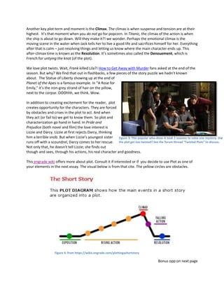 Another key plot term and moment is the Climax. The climax is when suspense and tension are at their
highest. It’s that moment when you do not go for popcorn. In Titanic, the climax of the action is when
the ship is about to go down. Will they make it?! we wonder. Perhaps the emotional climax is the
moving scene in the water when Jack tells her to live a good life and sacrifices himself for her. Everything
after that is calm – just resolving things and letting us know where the main character ends up. This
after-climax time is known as the Resolution. It’s sometimes also called the Denouement, which is
French for untying the knot (of the plot).
We love plot twists. Wait, Frank killed Lila?! How to Get Away with Murder fans asked at the end of the
season. But why? We find that out in flashbacks, a few pieces of the story puzzle we hadn’t known
about. The Statue of Liberty showing up at the end of
Planet of the Apes is a famous example. In “A Rose for
Emily,” it’s the iron-grey strand of hair on the pillow,
next to the corpse. OOOhhh, we think. Wow.
In addition to creating excitement for the reader, plot
creates opportunity for the characters. They are forced
by obstacles and crises in the plot to act. And when
they act (or fail to) we get to know them. So plot and
characterization go hand in hand. In Pride and
Prejudice (both novel and film) the love interest is
Lizzie and Darcy. Lizzie at first rejects Darcy, thinking
him a terrible snob. But when Lizzie’s youngest sister
runs off with a scoundrel, Darcy comes to her rescue.
Not only that, he doesn’t tell Lizzie; she finds out
though and sees, through his actions, his real character and goodness.
This engrade wiki offers more about plot. Consult it if interested or if you decide to use Plot as one of
your elements in the next essay. The visual below is from that cite. The yellow circles are obstacles.
Figure 4: from https://wikis.engrade.com/plottingashortstory
Bonus opp on next page
Figure 3: This popular who-done-it took 2 seasons to solve one mystery. Did
the plot get too twisted? See the forum thread “Twisted Plots” to discuss.
 