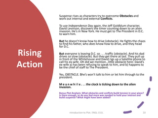 Rising
Action
Suspense rises as characters try to overcome Obstacles and
work out internal and external Conflicts.
To use Independence Day again, the Jeff Goldblum character,
David Levinson, discovers the timer counting down to an alien
invasion. He's in New York. He must get to The President in D.C.
to warn him.
But he doesn’t know how to drive (obstacle). He fights the chaos
to find his father, who does know how to drive, and they head
for D.C.
But everyone is leaving D.C. so . . . traffic (obstacle). And his dad
drives so slow (obstacle). But they get there at last. They pull up
in front of the Whitehouse and David rigs up a Satellite phone to
call his ex-wife. Oh did we mention…little obstacle here: David’s
ex-wife a) has been refusing to speak to him, and b) happens to
be the chief of staff to The President.
Yes, OBSTACLE. She’s won’t talk to him or let him through to the
president.
M e a n w h i l e . . . the clock is ticking down to the alien
invasion.
Bonus Plot Analysis: What obstacles and conflicts build tension in your piece?
Is there enough, or do you feel more was needed to hold your interest and
build suspense? What might have been added?
Introduction to Plot. ENGL 151L 10
 