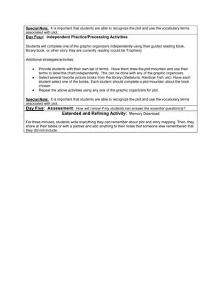 Special Note: It is important that students are able to recognize the plot and use the vocabulary terms
associated with plot.
Day Four: Independent Practice/Processing Activities
Students will complete one of the graphic organizers independently using their guided reading book,
library book, or other story they are currently reading (could be Trophies).
Additional strategies/activities:
Provide students with their own set of terms. Have them draw the plot mountain and use their
terms to label the chart independently. This can be done with any of the graphic organizers.
Select several favorite picture books from the library (Stellaluna, Rainbow Fish, etc). Have each
student select one of the books. Each student should complete a plot mountain about the book
chosen
Repeat the above activities using any one of the graphic organizers for plot.
Special Note: It is important that students are able to recognize the plot and use the vocabulary terms
associated with plot.
Day Five: Assessment: How will I know if my students can answer the essential question(s)?
Extended and Refining Activity: Memory Download
For three minutes, students write everything they can remember about plot and story mapping. Then, they
share at their tables or with a partner and add anything to their notes that someone else remembered that
they did not include.
 