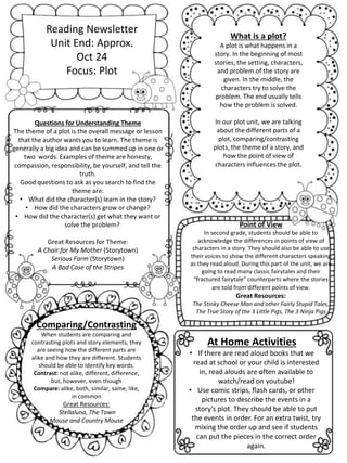 Reading Newsletter 
Unit End: Approx. 
Oct 24 
Focus: Plot 
Questions for Understanding Theme 
The theme of a plot is the ...