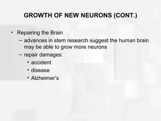 GROWTH OF NEW NEURONS (CONT.)
• Repairing the Brain
– advances in stem research suggest the human brain
may be able to grow more neurons
– repair damages:
• accident
• disease
• Alzheimer’s
 