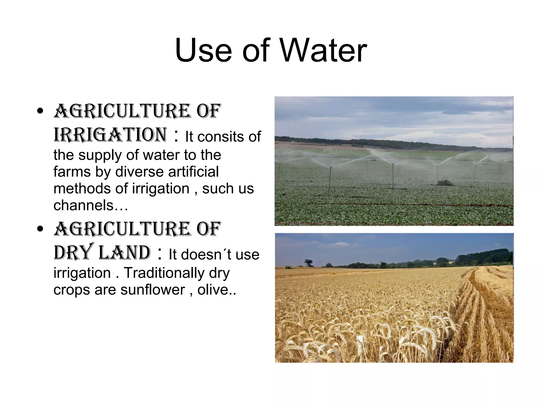 Use of Water Agriculture of irrigation  :  It consits of the supply of water to the farms by diverse artificial  methods of irrigation , such us channels… Agriculture of dry land  :  It doesn´t use irrigation . Traditionally dry crops are sunflower , olive.. 