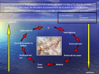 LES TRES HIPÒSTASIS:  - U - Intel·ligència - Ànima: Home i Matèria *L’home representa un punt central (Unitat) a partir del qual s’arriba a l’U. Només el savi, purificant-se, serà capaç de descobrir el coneixement de la unitat de totes les coses. Resultat: contemplació de l’U, visió mística de Déu on l’home troba la seva plenitud.   U Intel·ligència Ànima del món Ànima de les coses Matèria Ésser humà Purificació del cos Cerca de la veritat i la bellesa Unió amb l’U + perfecció - perfecció 