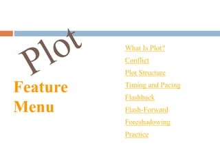 What Is Plot? 
Conflict 
Plot Structure 
Timing and Pacing 
Flashback 
Flash-Forward 
Foreshadowing 
Practice 
Feature 
Menu 
 