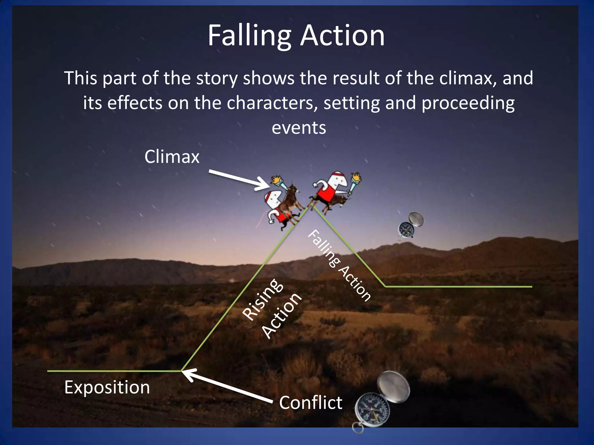 Falling ActionThis part of the story shows the result of the climax, and its effects on the characters, setting and proceeding eventsClimaxFalling ActionRising ActionExpositionConflict