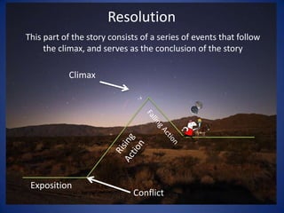 ResolutionThis part of the story consists of a series of events that follow the climax, and serves as the conclusion of the storyClimaxFalling ActionRising ActionExpositionConflict