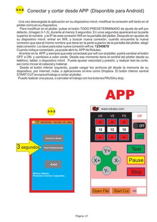 3-1-2
Conectar y cortar desde APP
Una vez descargada la aplicación en su dispositivo móvil, modiﬁcar la conexión wiﬁ tanto en el
plotter como en su dispositivo.
Para modiﬁcar en el plotter, pulsar el botón TODO PREDETERMINADO de ajuste de wiﬁ por
defecto, (Imagen 3-1-3), durante al menos 3 segundos. En unos segundos aparecerá en la parte
superior el nombre y la IP de esta conexión Wiﬁ en la pantalla del plotter. Después en ajustes de
su dispositivo movil, entrar en Wiﬁ, y buscar nueva conexión, cuando encuentre la nueva
conexión que sea el mismo nombre que tiene en la parte superior de la pantalla del plotter, elegir
esta conexión. La clave para esta nueva conexión wiﬁ es: 12345678
Cuando indique conectado, ya puede abrir la APPde Rotutex.
Al entrar en la APP, y siempre que este conectado por wiﬁ con el plotter, podrá cambiar el botón
OFF a ON, y cambiara a color verde. Desde ese momento tiene el control del plotter desde su
teléfono, tablet, o dispositivo móvil. Puede ajustar velocidad y presión, y realizar test de corte,
así como mover el cabezal y material.
Desde el botón inferior izquierdo, puede cargar los archivos plt desde la memoria de su
dispositivo, por internet, nube, o aplicaciones on-line como Dropbox. El botón inferior central
STARTCUTenviara el trabajo a cortar al plotter.
Puede realizar una pausa, o cancelar el trabajo con los botones PAUSAy stop.
www.rotutex.com
Oﬀ
Y+
Y-
X-
X+
US VS FS
+
-
+ +
- -
12 12 10
LED
Test
Pause
Stop
Open File Start Cut SVER:
OFF
(Disponible para Android)
MOVISTAR 192.168.1.39 : 8080
<<<
Todo Predeterminado
Wiﬁ por defecto:
Presionar al menos 3 segundos.
Conectar a Router
3 segundos
APP
3-1-3
Página: 21
 