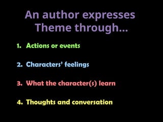 1. Actions or events
2. Characters’ feelings
3. What the character(s) learn
4. Thoughts and conversation
An author expresses
Theme through…
 