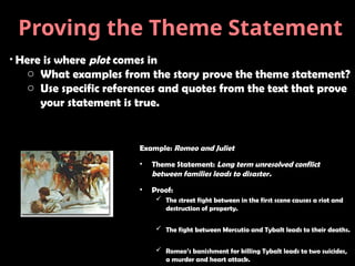 Example: Romeo and Juliet
• Theme Statement: Long term unresolved conflict
between families leads to disaster.
• Proof:
 The street fight between in the first scene causes a riot and
destruction of property.
 The fight between Mercutio and Tybalt leads to their deaths.
 Romeo’s banishment for killing Tybalt leads to two suicides,
a murder and heart attack.
Proving the Theme Statement
• Here is where plot comes in
o What examples from the story prove the theme statement?
o Use specific references and quotes from the text that prove
your statement is true.
 