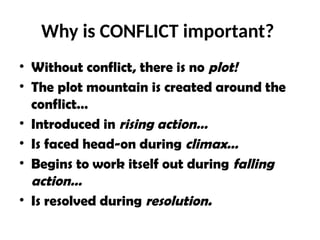 Why is CONFLICT important?
• Without conflict, there is no plot!
• The plot mountain is created around the
conflict…
• Introduced in rising action…
• Is faced head-on during climax…
• Begins to work itself out during falling
action…
• Is resolved during resolution.
 