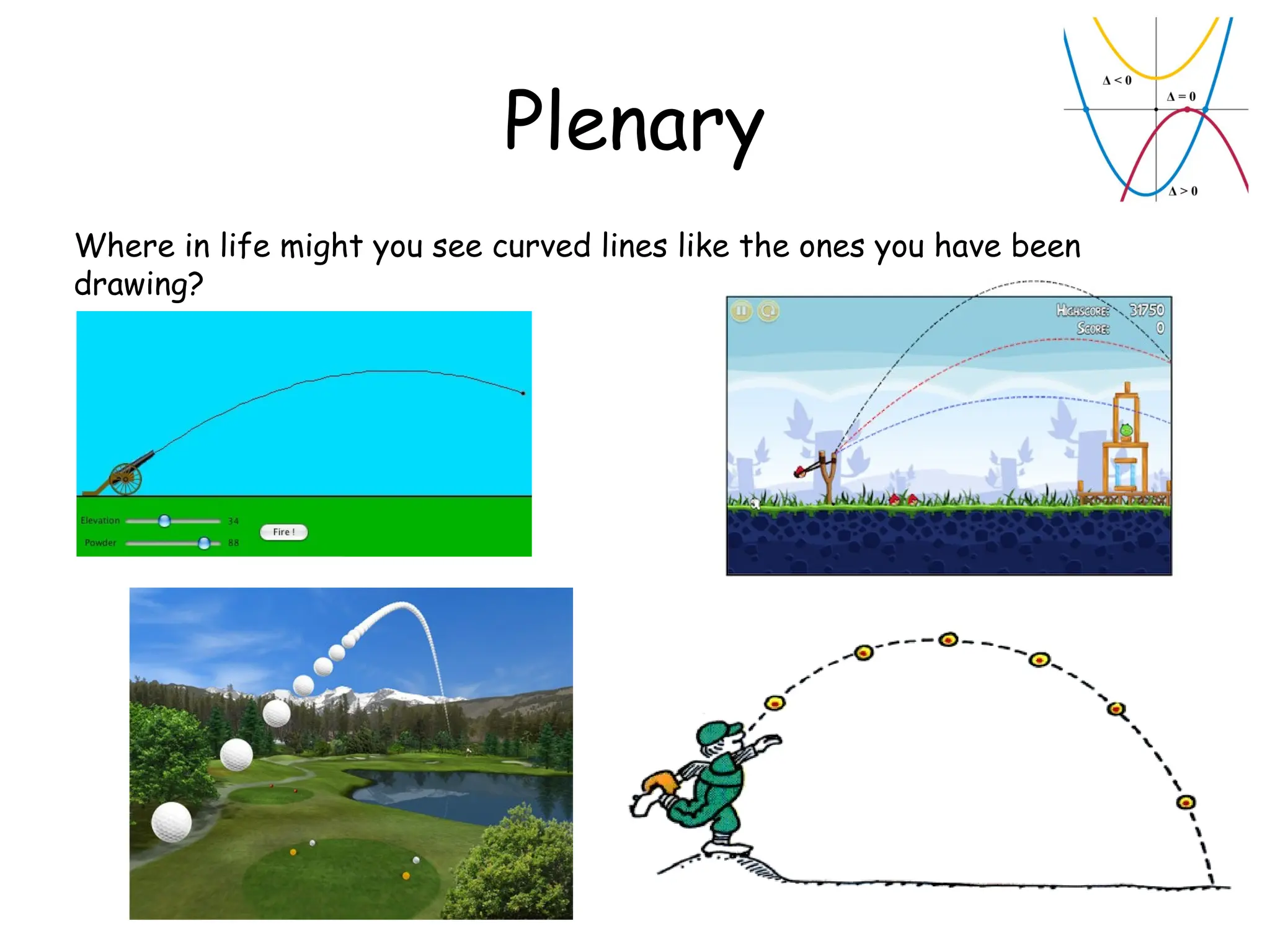 Plenary
Where in life might you see curved lines like the ones you have been
drawing?
 