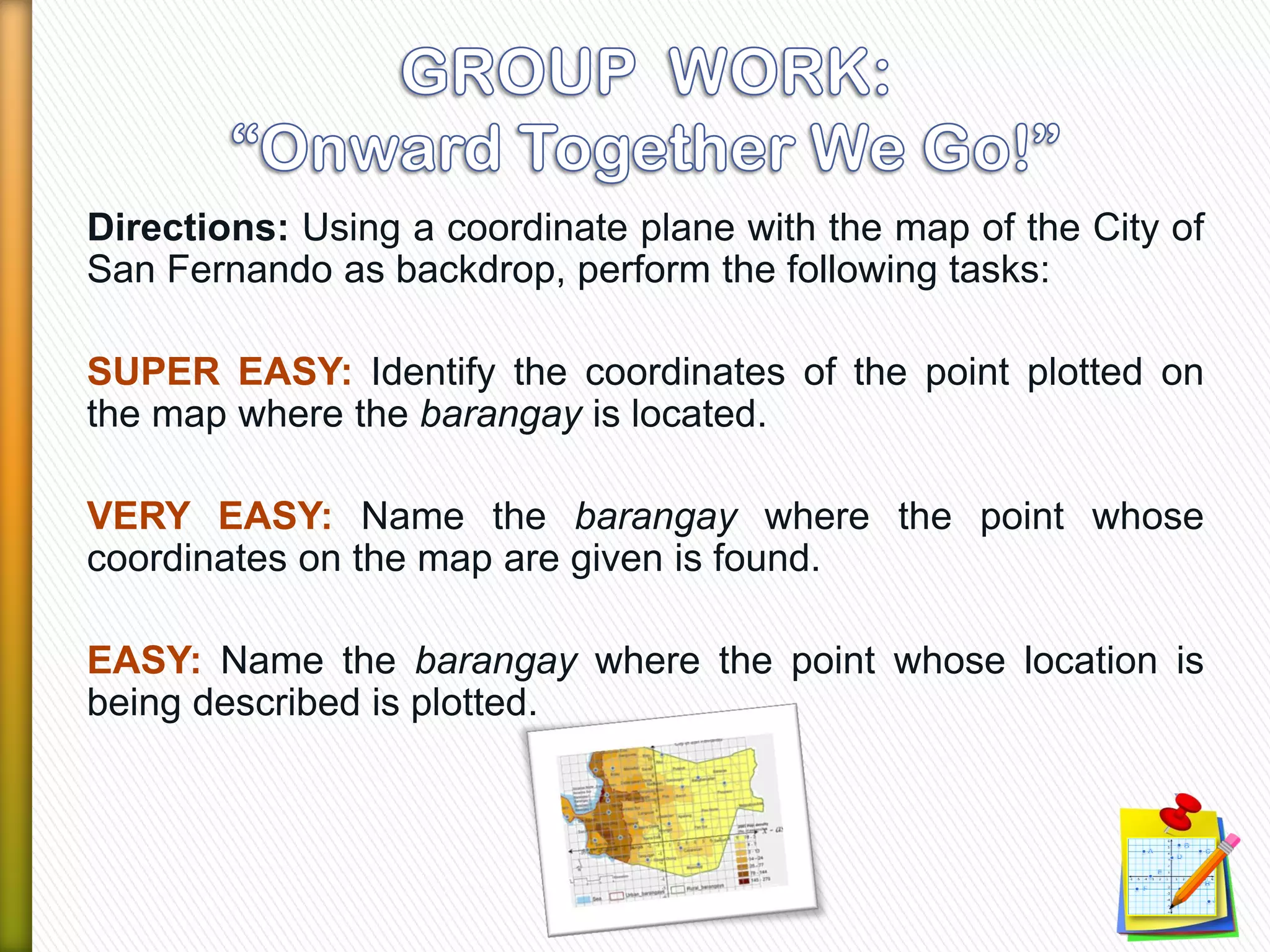 Directions: Using a coordinate plane with the map of the City of
San Fernando as backdrop, perform the following tasks:
SUPER EASY: Identify the coordinates of the point plotted on
the map where the barangay is located.
VERY EASY: Name the barangay where the point whose
coordinates on the map are given is found.
EASY: Name the barangay where the point whose location is
being described is plotted.
 