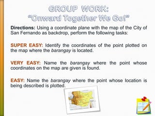 Directions: Using a coordinate plane with the map of the City of
San Fernando as backdrop, perform the following tasks:
SUPER EASY: Identify the coordinates of the point plotted on
the map where the barangay is located.
VERY EASY: Name the barangay where the point whose
coordinates on the map are given is found.
EASY: Name the barangay where the point whose location is
being described is plotted.
 