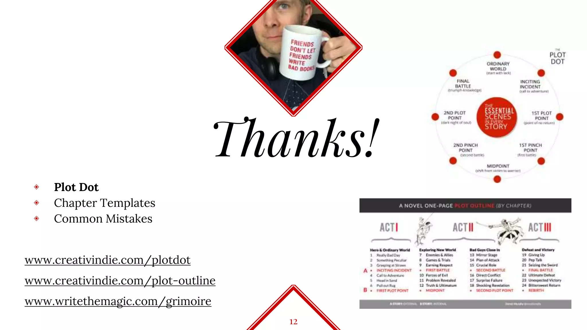 12
◈ Plot Dot
◈ Chapter Templates
◈ Common Mistakes
www.creativindie.com/plotdot
www.creativindie.com/plot-outline
www.writethemagic.com/grimoire
Thanks!
 