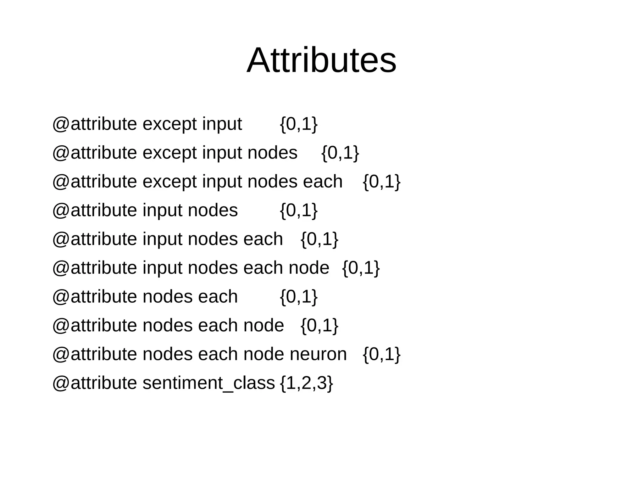 Attributes
@attribute except input {0,1}
@attribute except input nodes {0,1}
@attribute except input nodes each {0,1}
@attribute input nodes {0,1}
@attribute input nodes each {0,1}
@attribute input nodes each node {0,1}
@attribute nodes each {0,1}
@attribute nodes each node {0,1}
@attribute nodes each node neuron {0,1}
@attribute sentiment_class {1,2,3}
 