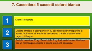 7. Cassetiera 5 cassetti colore bianco
1 Avanti Trendstore
2
Questo armadio a scomparti con 12 sportelli bianchi trasparenti si
adatta facilmente all'ambiente desiderato, che sia la camera dei
ragazzi, il bagno,
3
Portata massima 50 kg. Peso totale 6 kg. Include istruzioni illustrare
per un montaggio semplice e senza strumenti aggiuntivi.
 