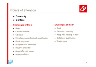 Points of attention
    Creativity
    Content

  Challenges of the E                           Challenges of the P
    Spam                                          Cost
    Capture attention                             Flexibility / reactivity
    Coverage                                      Keep data-base up to date
    E-mail address collection & qualification     Data-base qualification
    Opt-in addresses                              Environment
    Multiple e-mail addresses
    Intrusive character
    Abuse of e-mail usage
    Anti-spam filters



                                                                              18
 