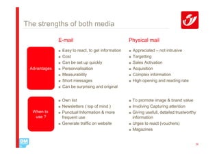 The strengths of both media

              E-mail                                Physical mail
              ■ Easy to react, to get information   ■ Appreciated – not intrusive
              ■ Cost                                ■ Targetting
              ■ Can be set up quickly               ■ Sales Activation
 Advantages   ■ Personnalisation                    ■ Acquisition
              ■ Measurability                       ■ Complex information
              ■ Short messages                      ■ High opening and reading rate
              ■ Can be surprising and original


              ■ Own list                            ■ To promote image & brand value
              ■ Newsletters ( top of mind )         ■ Involving Capturing attention
  When to     ■ Punctual Information & more         ■ Giving usefull, detailed trustworthy
   use ?        frequent use                          information
              ■ Generate traffic on website         ■ Urges to react (vouchers)
                                                    ■ Magazines


                                                                                         26
 