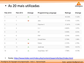 Paradigmas de linguagem de programação – Aula 1 – Apresentação 
Guto – gutojm+fac@gmail.com 
•As 20 mais utilizadas 
•Fonte: http://www.tiobe.com/index.php/content/paperinfo/tpci/index.html  