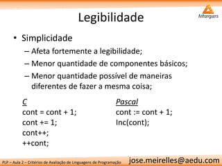 PLP – Aula 2 – Critérios de Avaliação de Linguagens de Programação 
jose.meirelles@aedu.com 
Legibilidade 
•Simplicidade 
–Afeta fortemente a legibilidade; 
–Menor quantidade de componentes básicos; 
–Menor quantidade possível de maneiras diferentes de fazer a mesma coisa; 
C 
cont = cont + 1; 
cont += 1; 
cont++; 
++cont; 
Pascal 
cont := cont + 1; 
Inc(cont); 
 