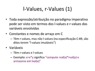 l-Values, r-Values (1) Toda expressão/atribuição no paradigma imperativo pode ser visto em termos dos l-values e r-values das variáveis envolvidas Constantes e nomes de arrays em C Têm r-values, mas não l-values (na especificação C-89, são ditos terem “l-values imutáveis”) Variáveis Têm r-values e l-values Exemplo:  x=x*y  significa  “compute rval(x)*rval(y) e armazene em lval(x)” 