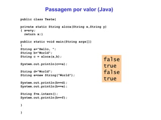 Passagem por valor (Java) public class Teste{ private static String aloca(String x,String y) { x=x+y; return x;} public static void main(String args[]) { String a="Hello, "; String b="World"; String c = aloca(a,b); System.out.println(c==a); String d="World"; String e=new String("World"); System.out.println(b==d); System.out.println(b==e); String f=e.intern(); System.out.println(b==f); } } false true false true 