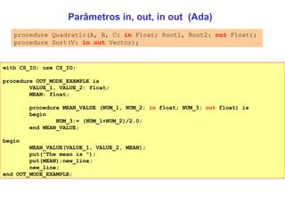 Parâmetros in, out, in out  (Ada) procedure Quadratic( A, B, C:  in  Float; Root1, Root2:  out  Float); procedure Sort(V:  in out  Vector); with CS_IO; use CS_IO; procedure OUT_MODE_EXAMPLE is VALUE_1, VALUE_2: float; MEAN: float; procedure MEAN_VALUE (NUM_1, NUM_2:  in  float; NUM_3:  out  float) is begin NUM_3:= (NUM_1+NUM_2)/2.0; end MEAN_VALUE; begin MEAN_VALUE(VALUE_1, VALUE_2, MEAN); put("The mean is "); put(MEAN);new_line; new_line; end OUT_MODE_EXAMPLE; 