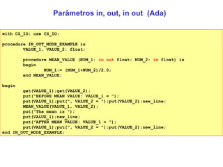 Parâmetros in, out, in out  (Ada) with CS_IO; use CS_IO; procedure IN_OUT_MODE_EXAMPLE is VALUE_1, VALUE_2: float; procedure MEAN_VALUE (NUM_1:  in out  float; NUM_2:  in  float) is begin NUM_1:= (NUM_1+NUM_2)/2.0; end MEAN_VALUE; begin get(VALUE_1);get(VALUE_2); put("BEFORE MEAN VALUE: VALUE_1 = "); put(VALUE_1);put(", VALUE_2 = ");put(VALUE_2);new_line; MEAN_VALUE(VALUE_1, VALUE_2); put("The mean is "); put(VALUE_1);new_line; put("AFTER MEAN VALUE: VALUE_1 = "); put(VALUE_1);put(", VALUE_2 = ");put(VALUE_2);new_line; end IN_OUT_MODE_EXAMPLE; 