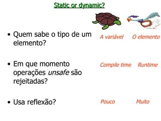 Static or dynamic? Quem sabe o tipo de um elemento? Em que momento operações  unsafe  são rejeitadas? Usa reflexão? A variável O elemento Compile time  Runtime Pouco   Muito 