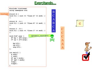 Exercitando... #include <iostream> using namespace std; struct A { void f() { cout << "Class A" << endl; } }; struct B : A { void f() { cout << "Class B" << endl; } }; struct C : A { void f() { cout << "Class C" << endl; } }; void f(A* arg) { B* bp = (B*)(arg); C* cp = (C*)(arg); bp->f(); cp->f(); arg->f(); }; int main() { A aobj; C cobj; A* ap = &cobj; A* ap2 = &aobj; f(ap); f(ap2); } C B C A B C A virtual C C C A A A dynamic_cast<B*>  