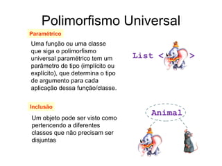 Polimorfismo Universal Paramétrico Uma função ou uma classe que siga o polimorfismo universal paramétrico tem um parâmetro de tipo (implícito ou explícito), que determina o tipo de argumento para cada aplicação dessa função/classe.  Inclusão Um objeto pode ser visto como pertencendo a diferentes classes que não precisam ser disjuntas List <  > Animal 