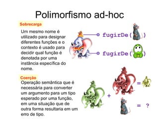 Polimorfismo ad-hoc Um mesmo nome é utilizado para designar diferentes funções e o contexto é usado para decidir qual função é denotada por uma instância específica do nome.  Sobrecarga Coerção Operação semântica que é necessária para converter um argumento para um tipo esperado por uma função, em uma situação que de outra forma resultaria em um erro de tipo. fugirDe(  ) fugirDe(  ) + = = ? 