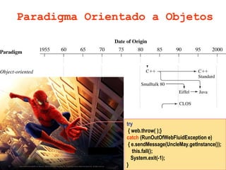 Paradigma Orientado a Objetos try { web.throw( );} catch  (RunOutOfWebFluidException e) { e.sendMessage(UncleMay.getInstance()); this.fall();  System.exit(-1); } 