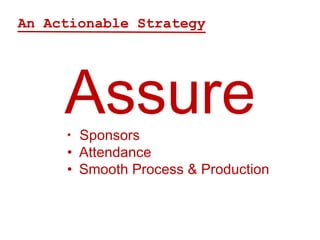 An Actionable Strategy




     Assure
     • Sponsors
     • Attendance
     • Smooth Process & Production
 