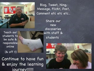 Blog, Tweet, Ning, Message, Flickr, Post, Comment etc etc etc.. Share our new discoveries with staff & students Teach our students to be safe & responsible online (& off !!) Continue to have fun & enjoy the learning journey!!!!!!