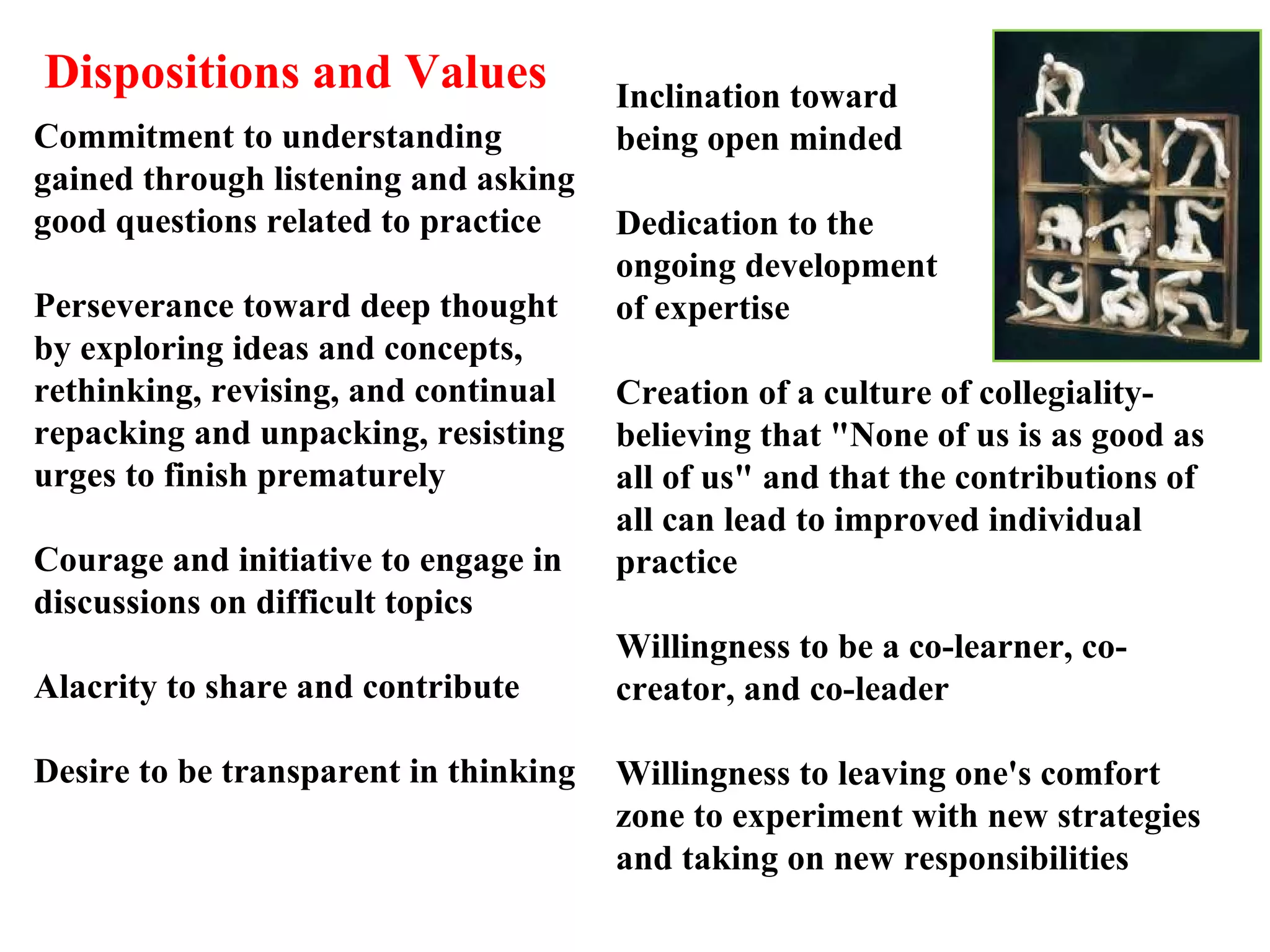Inclination toward  being open minded Dedication to the  ongoing development  of expertise Creation of a culture of collegiality- believing that "None of us is as good as all of us" and that the contributions of all can lead to improved individual practice Willingness to be a co-learner, co-creator, and co-leader  Willingness to leaving one's comfort zone to experiment with new strategies and taking on new responsibilities Dispositions and Values Commitment to understanding gained through listening and asking good questions related to practice Perseverance toward deep thought by exploring ideas and concepts, rethinking, revising, and continual repacking and unpacking, resisting  urges to finish prematurely Courage and initiative to engage in discussions on difficult topics  Alacrity to share and contribute Desire to be transparent in thinking  