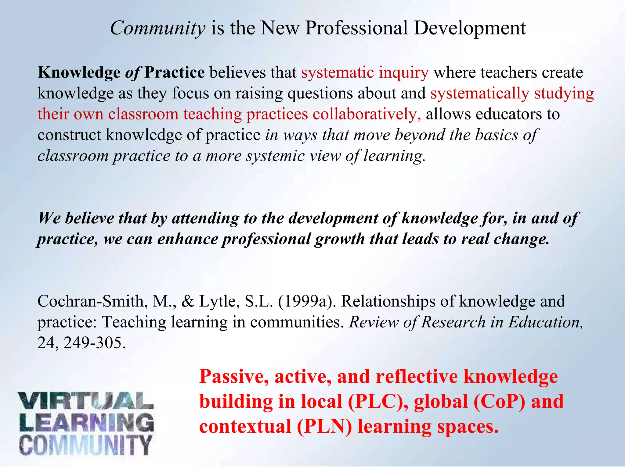 Community  is the New Professional Development  Knowledge  of  Practice  believes that  systematic inquiry  where teachers create knowledge as they focus on raising questions about and  systematically studying their own classroom teaching practices collaboratively,  allows educators to construct knowledge of practice  in ways that move beyond the basics of classroom practice to a more systemic view of learning. We believe that by attending to the development of knowledge for, in and of practice, we can enhance professional growth that leads to real change.  Cochran-Smith, M., & Lytle, S.L. (1999a). Relationships of knowledge and practice: Teaching learning in communities.  Review of Research in Education,  24, 249-305.  Passive, active, and reflective knowledge building in local (PLC), global (CoP) and contextual (PLN) learning spaces.  