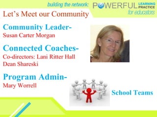 Let’s Meet our Community Community Leader-  Susan Carter Morgan Connected Coaches- Co-directors: Lani Ritter Hall  Dean Shareski Program Admin- Mary Worrell School Teams 