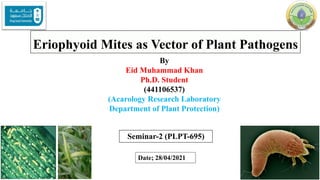 Eriophyoid Mites as Vector of Plant Pathogens
By
Eid Muhammad Khan
Ph.D. Student
(441106537)
(Acarology Research Laboratory
Department of Plant Protection)
Seminar-2 (PLPT-695)
Date; 28/04/2021
 