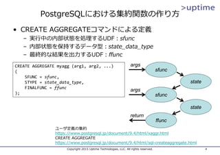 PostgreSQLにおける集約関数の作り⽅
• CREATE AGGREGATEコマンドによる定義
– 実⾏中の内部状態を処理するUDF：sfunc
– 内部状態を保持するデータ型：state_data_type
– 最終的な結果を出⼒するUDF：ffunc
Copyright 2015 Uptime Technologies, LLC. All rights reserved. 4
CREATE AGGREGATE myagg (arg1, arg2, ...)
(
SFUNC = sfunc,
STYPE = state_data_type,
FINALFUNC = ffunc
);
ユーザ定義の集約
https://www.postgresql.jp/document/9.4/html/xaggr.html
CREATE AGGREGATE
https://www.postgresql.jp/document/9.4/html/sql-createaggregate.html
sfunc
args
state
sfunc
args
state
ffunc
return
 
