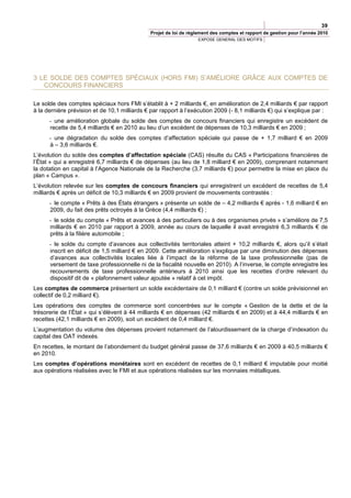 39
                                              Projet de loi de règlement des comptes et rapport de gestion pour l’année 2010
                                                                  EXPOSE GENERAL DES MOTIFS




3 LE SOLDE DES COMPTES SPÉCIAUX (HORS FMI) S’AMÉLIORE GRÂCE AUX COMPTES DE
   CONCOURS FINANCIERS

Le solde des comptes spéciaux hors FMI s’établit à + 2 milliards €, en amélioration de 2,4 milliards € par rapport
à la dernière prévision et de 10,1 milliards € par rapport à l’exécution 2009 (- 8,1 milliards €) qui s’explique par :
      - une amélioration globale du solde des comptes de concours financiers qui enregistre un excédent de
      recette de 5,4 milliards € en 2010 au lieu d’un excédent de dépenses de 10,3 milliards € en 2009 ;
      - une dégradation du solde des comptes d’affectation spéciale qui passe de + 1,7 milliard € en 2009
      à – 3,6 milliards €.
L’évolution du solde des comptes d’affectation spéciale (CAS) résulte du CAS « Participations financières de
l’État » qui a enregistré 6,7 milliards € de dépenses (au lieu de 1,8 milliard € en 2009), comprenant notamment
la dotation en capital à l’Agence Nationale de la Recherche (3,7 milliards €) pour permettre la mise en place du
plan « Campus ».
L’évolution relevée sur les comptes de concours financiers qui enregistrent un excédent de recettes de 5,4
milliards € après un déficit de 10,3 milliards € en 2009 provient de mouvements contrastés :
      - le compte « Prêts à des États étrangers » présente un solde de – 4,2 milliards € après - 1,6 milliard € en
      2009, du fait des prêts octroyés à la Grèce (4,4 milliards €) ;
      - le solde du compte « Prêts et avances à des particuliers ou à des organismes privés » s’améliore de 7,5
      milliards € en 2010 par rapport à 2009, année au cours de laquelle il avait enregistré 6,3 milliards € de
      prêts à la filière automobile ;
      - le solde du compte d’avances aux collectivités territoriales atteint + 10,2 milliards €, alors qu’il s’était
      inscrit en déficit de 1,5 milliard € en 2009. Cette amélioration s’explique par une diminution des dépenses
      d’avances aux collectivités locales liée à l’impact de la réforme de la taxe professionnelle (pas de
      versement de taxe professionnelle ni de la fiscalité nouvelle en 2010). A l’inverse, le compte enregistre les
      recouvrements de taxe professionnelle antérieurs à 2010 ainsi que les recettes d’ordre relevant du
      dispositif dit de « plafonnement valeur ajoutée » relatif à cet impôt.
Les comptes de commerce présentent un solde excédentaire de 0,1 milliard € (contre un solde prévisionnel en
collectif de 0,2 milliard €).
Les opérations des comptes de commerce sont concentrées sur le compte « Gestion de la dette et de la
trésorerie de l’État » qui s’élèvent à 44 milliards € en dépenses (42 milliards € en 2009) et à 44,4 milliards € en
recettes (42,1 milliards € en 2009), soit un excédent de 0,4 milliard €.
L’augmentation du volume des dépenses provient notamment de l’alourdissement de la charge d’indexation du
capital des OAT indexés.
En recettes, le montant de l’abondement du budget général passe de 37,6 milliards € en 2009 à 40,5 milliards €
en 2010.
Les comptes d’opérations monétaires sont en excédent de recettes de 0,1 milliard € imputable pour moitié
aux opérations réalisées avec le FMI et aux opérations réalisées sur les monnaies métalliques.
 