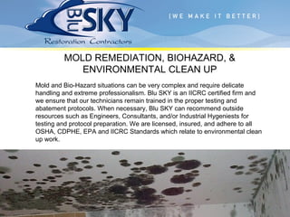 MOLD REMEDIATION, BIOHAZARD, &
ENVIRONMENTAL CLEAN UP
Mold and Bio-Hazard situations can be very complex and require delicate
handling and extreme professionalism. Blu SKY is an IICRC certified firm and
we ensure that our technicians remain trained in the proper testing and
abatement protocols. When necessary, Blu SKY can recommend outside
resources such as Engineers, Consultants, and/or Industrial Hygeniests for
testing and protocol preparation. We are licensed, insured, and adhere to all
OSHA, CDPHE, EPA and IICRC Standards which relate to environmental clean
up work.
 